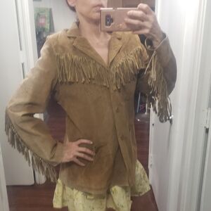 Vtg Denim&Co Fringe Suede Sun Faded Thrashed Barn Coat Western Jacket Cowgirl L